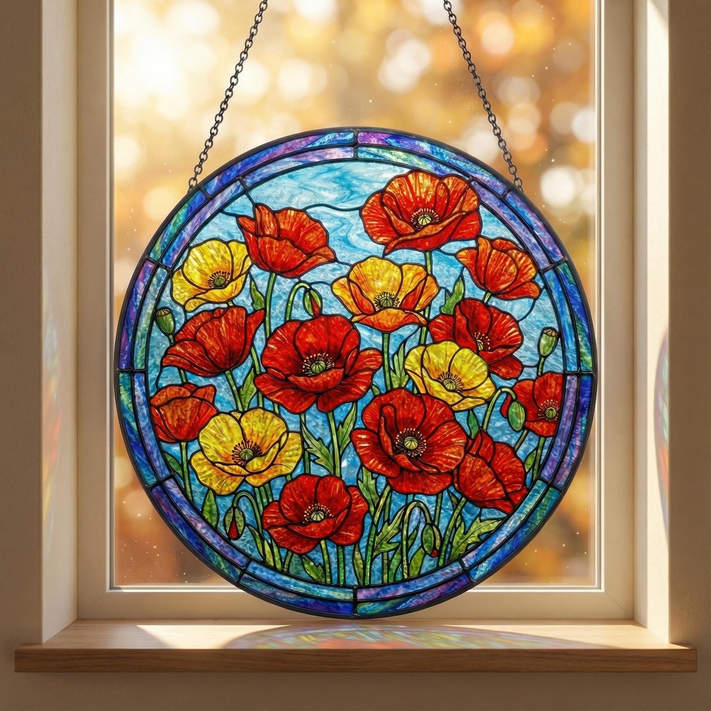 Stained Glass Poppy Suncatcher - Wildflower Window Hanging - Garden Room Decor - Memorial Gift For Women