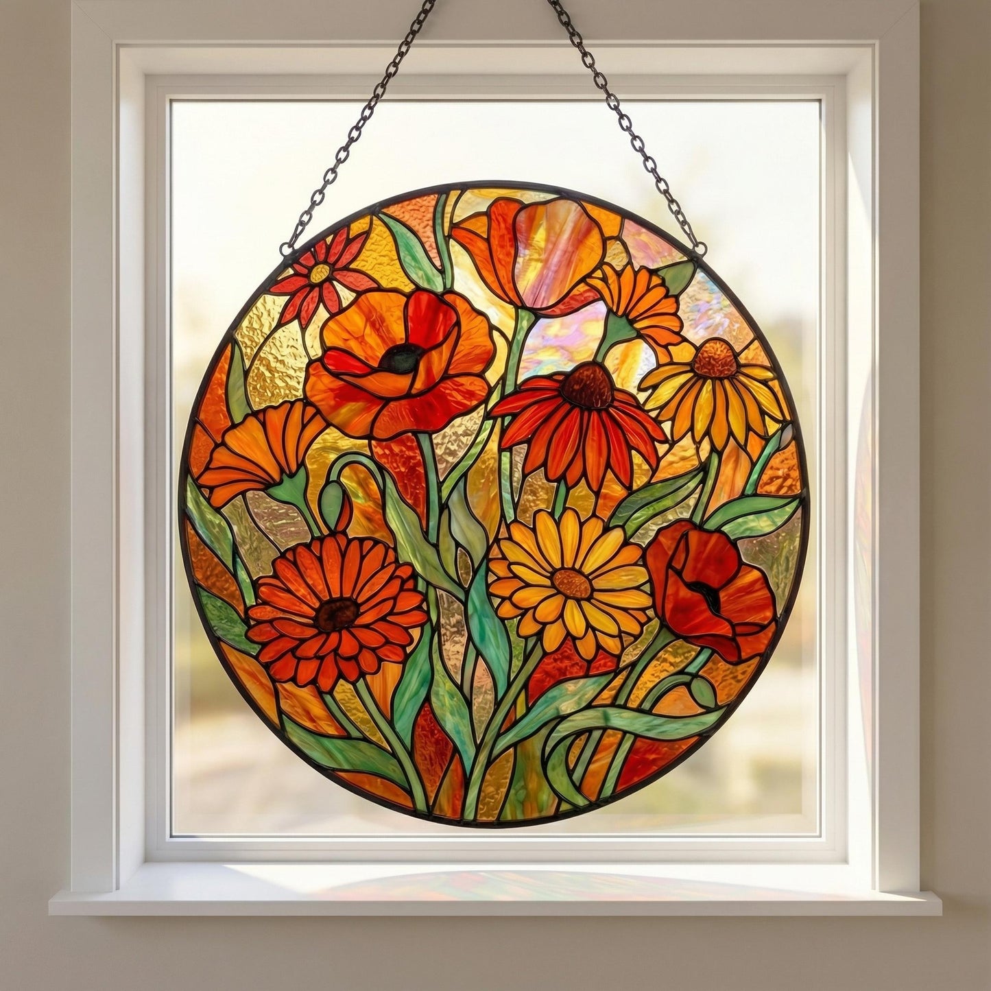 Wildflower Stained Glass Suncatcher - Daisy & Poppy Window Hang - Garden Glass Art - Gift For Mom