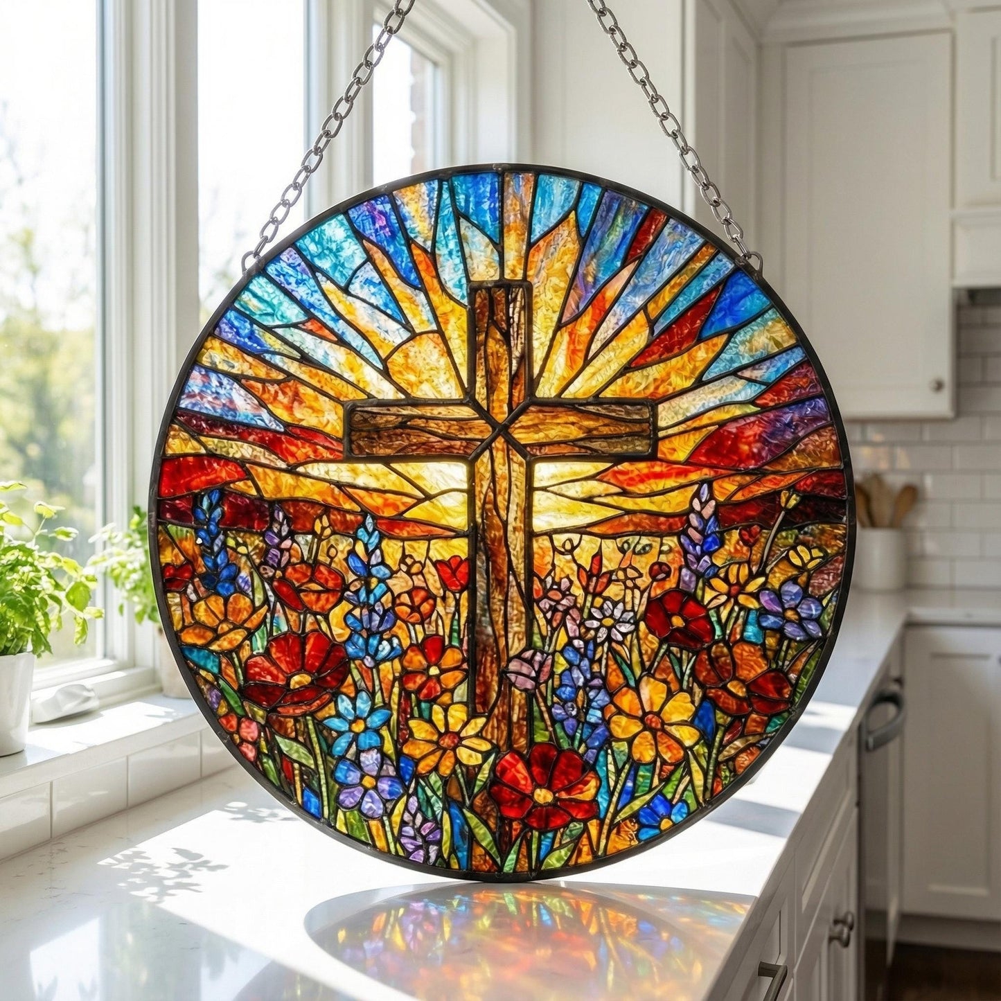 Personalized Stained Glass Cross Suncatcher - Christian Window Hanging, Religious Easter Gift, Church Decor
