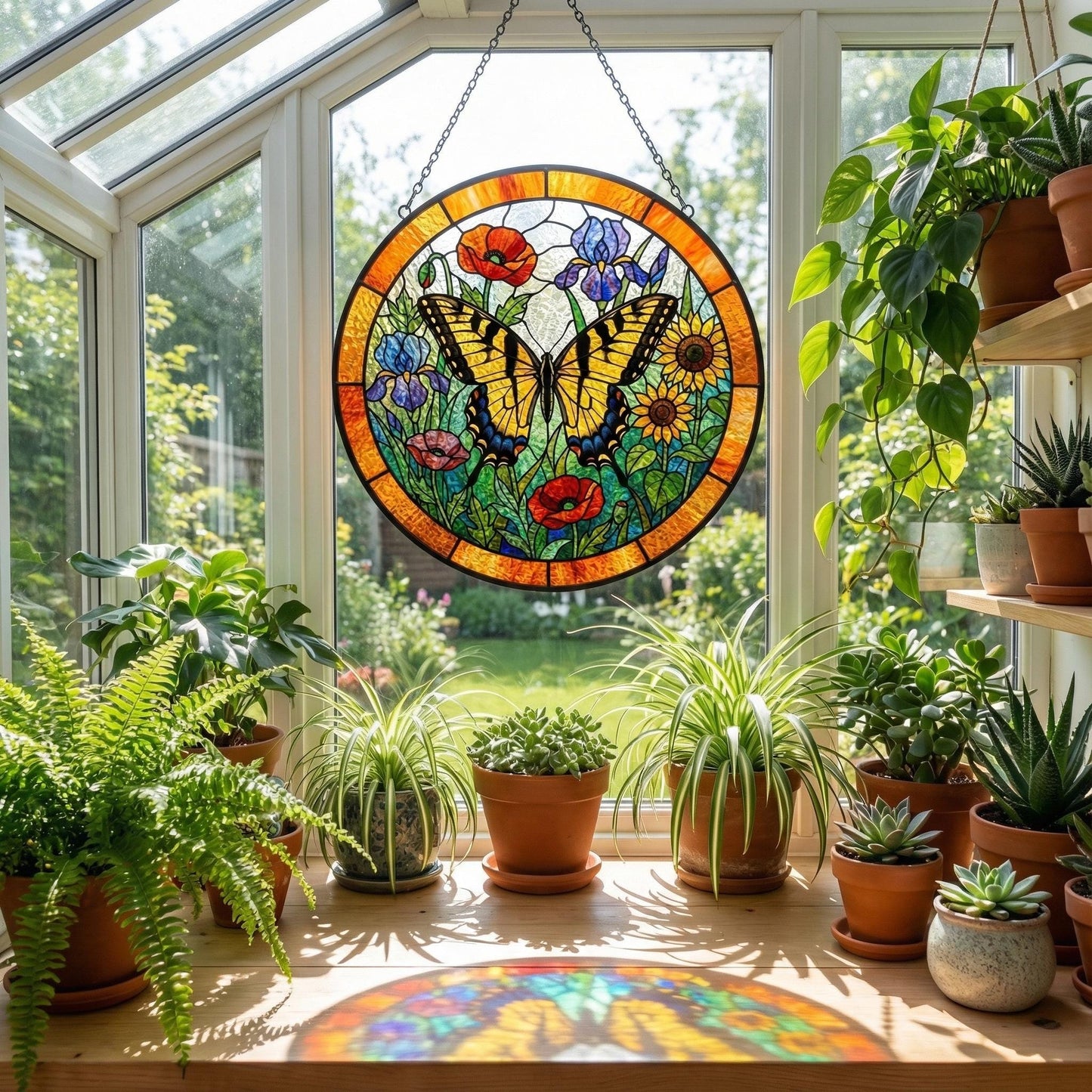 Butterfly Stained Glass Suncatcher – Butterfly Garden Window Hanging – Wildflowers Decor – Spring Gift For Mom