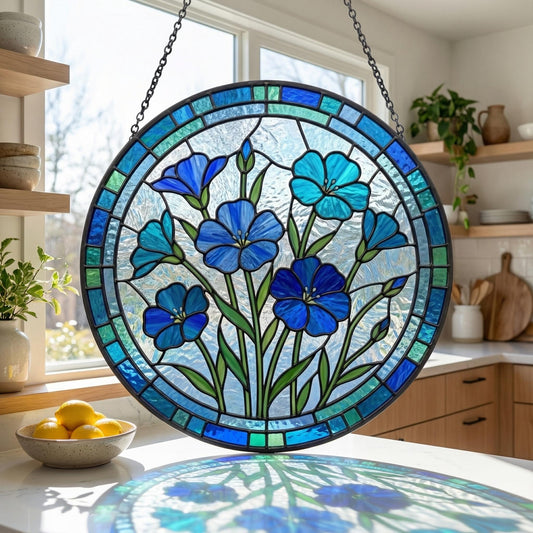 Stained Glass Blue Flower Suncatcher - Blue Botanical Window Decor - Garden Lover Gift For Mom