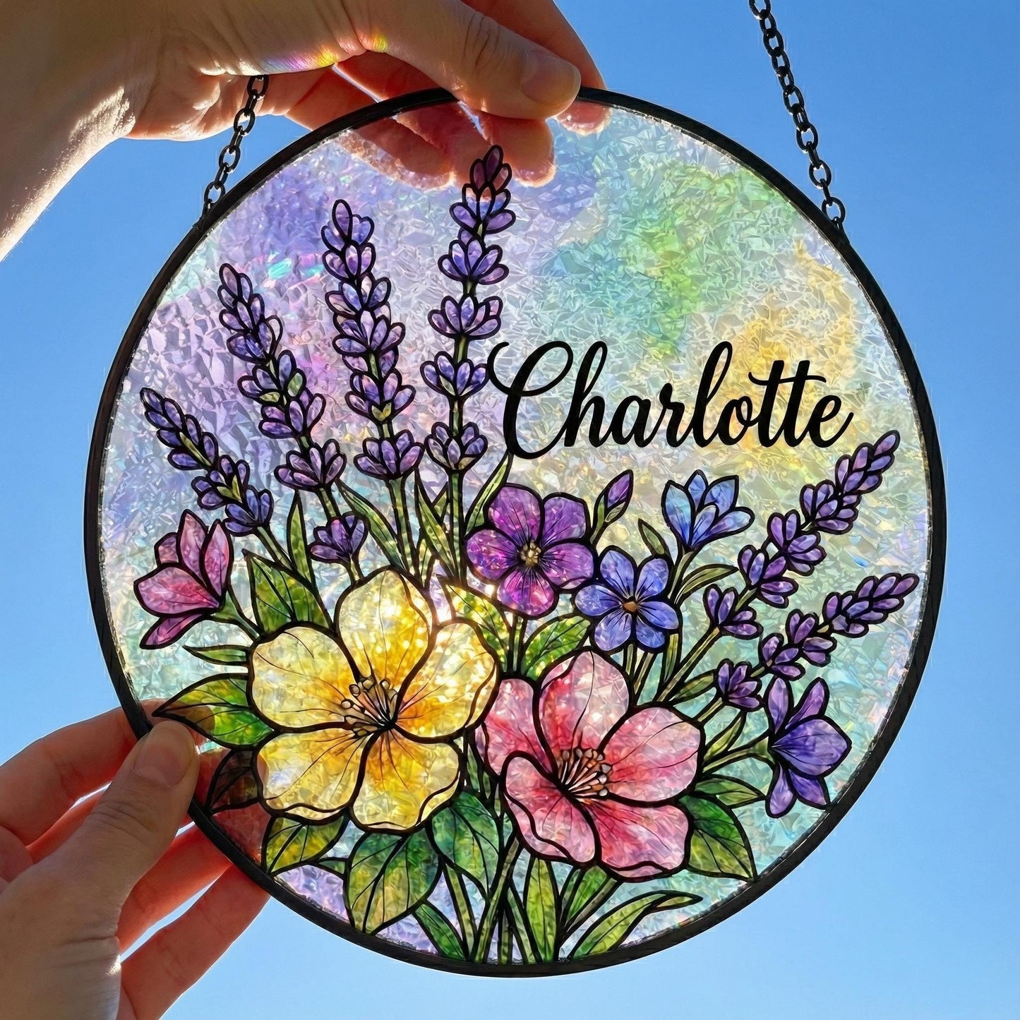 Personalized Name Suncatcher • Custom Flower Stained Glass Window Hanging • Garden Gift For Mom, Grandma