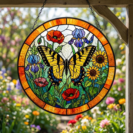 Butterfly Stained Glass Suncatcher – Butterfly Garden Window Hanging – Wildflowers Decor – Spring Gift For Mom