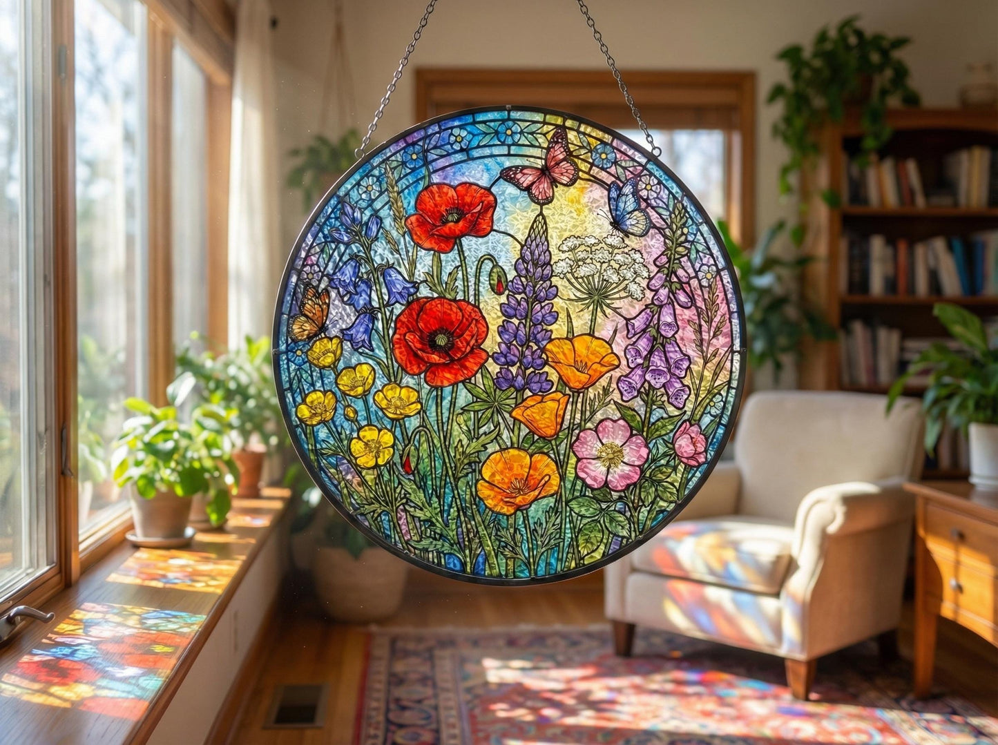 Custom Wildflower Stained Glass Suncatcher – Spring Floral Window Hanging With Butterfly – Personalized Garden Suncatcher Decor