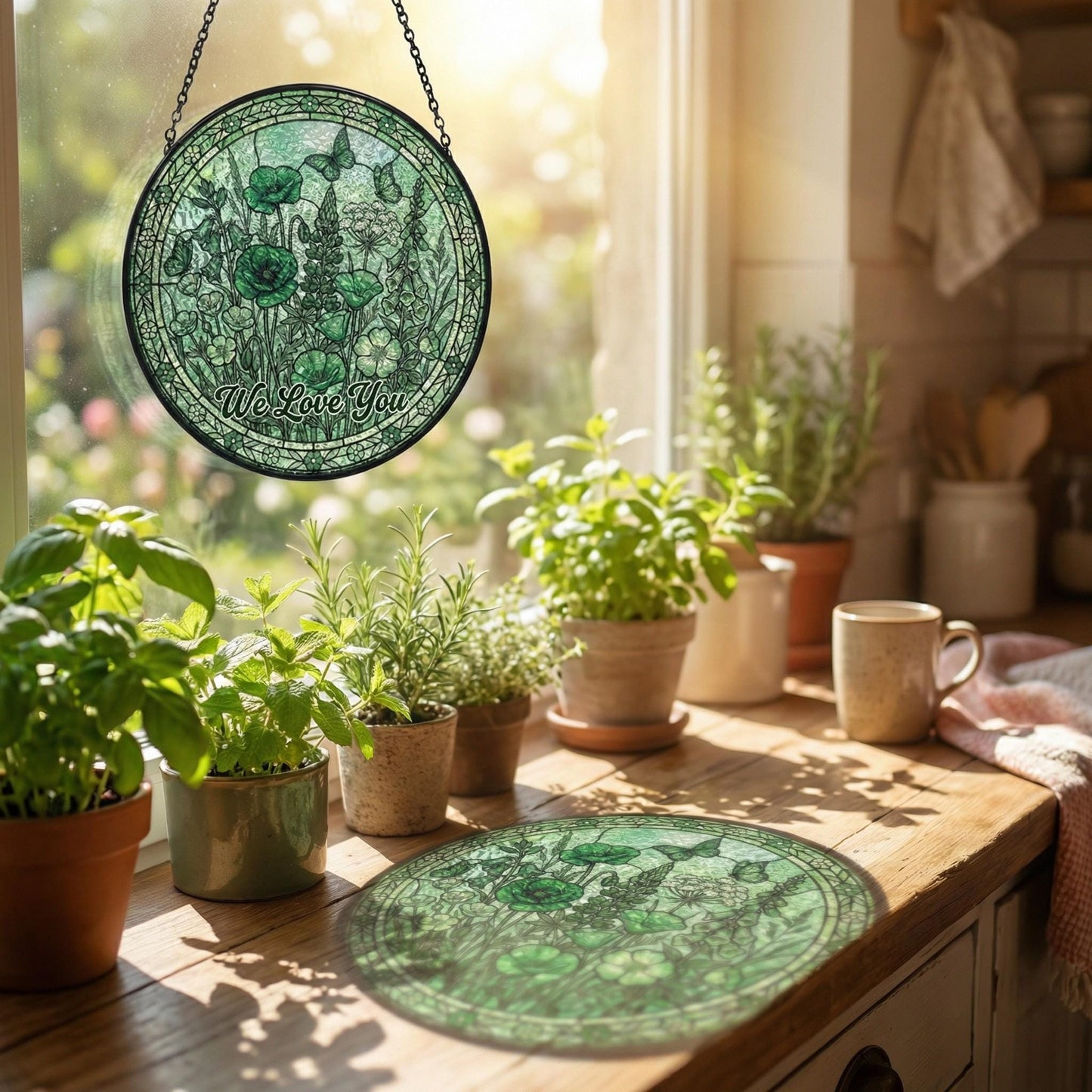 Custom Green Floral Stained Glass Suncatcher – Personalized Botanical Window Hanging, Spring Home Decor