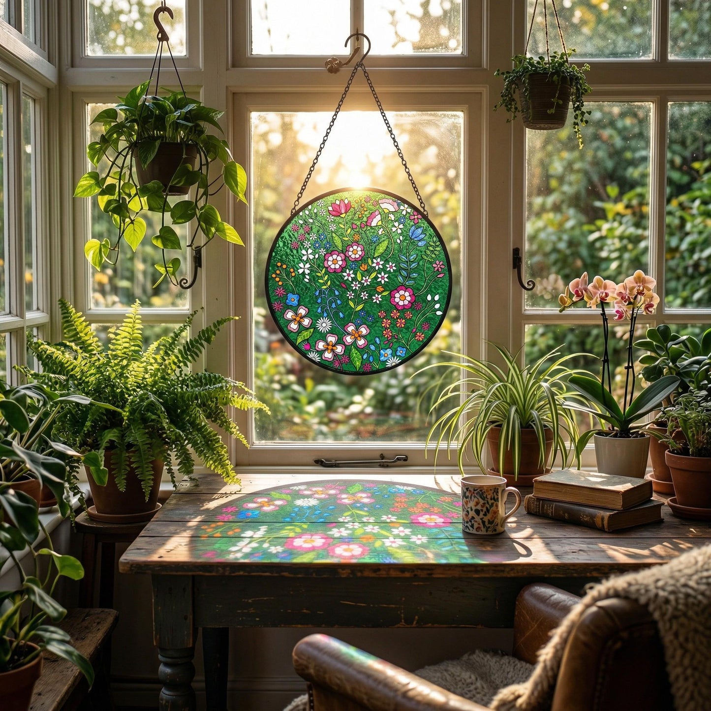 Forest Emerald Suncatcher – Embroidered-style Floral Stained Glass Window Hanging – Boho Folk Art Gift