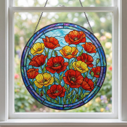 Stained Glass Poppy Suncatcher - Wildflower Window Hanging - Garden Room Decor - Memorial Gift For Women