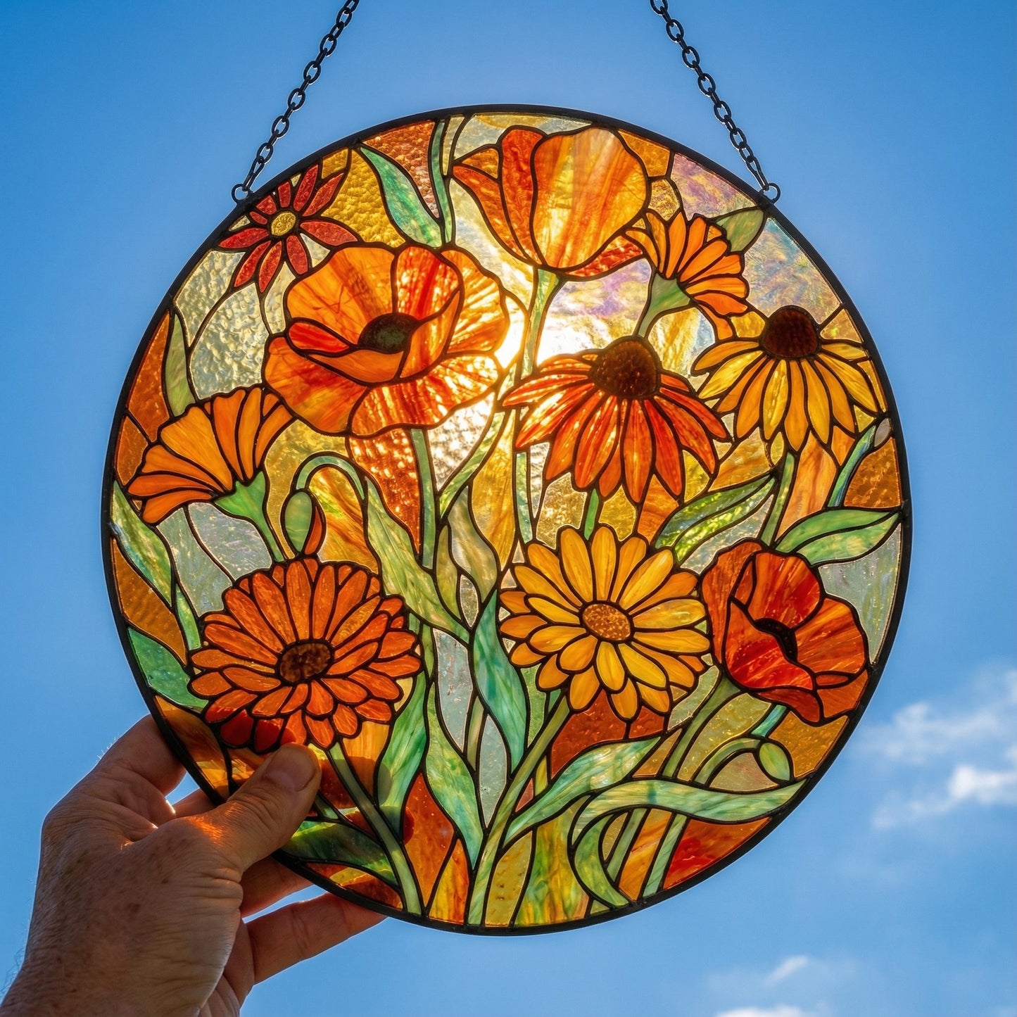 Wildflower Stained Glass Suncatcher - Daisy & Poppy Window Hang - Garden Glass Art - Gift For Mom