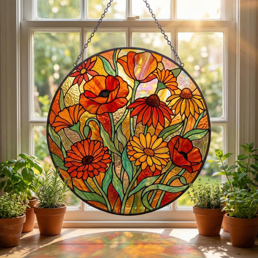 Wildflower Stained Glass Suncatcher - Daisy & Poppy Window Hang - Garden Glass Art - Gift For Mom