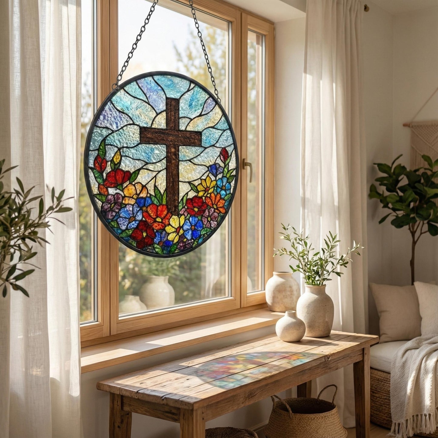 Personalized Religious Cross Suncatcher - Stained Glass Flower Window Hanging, Easter Christian Gift For Grandma