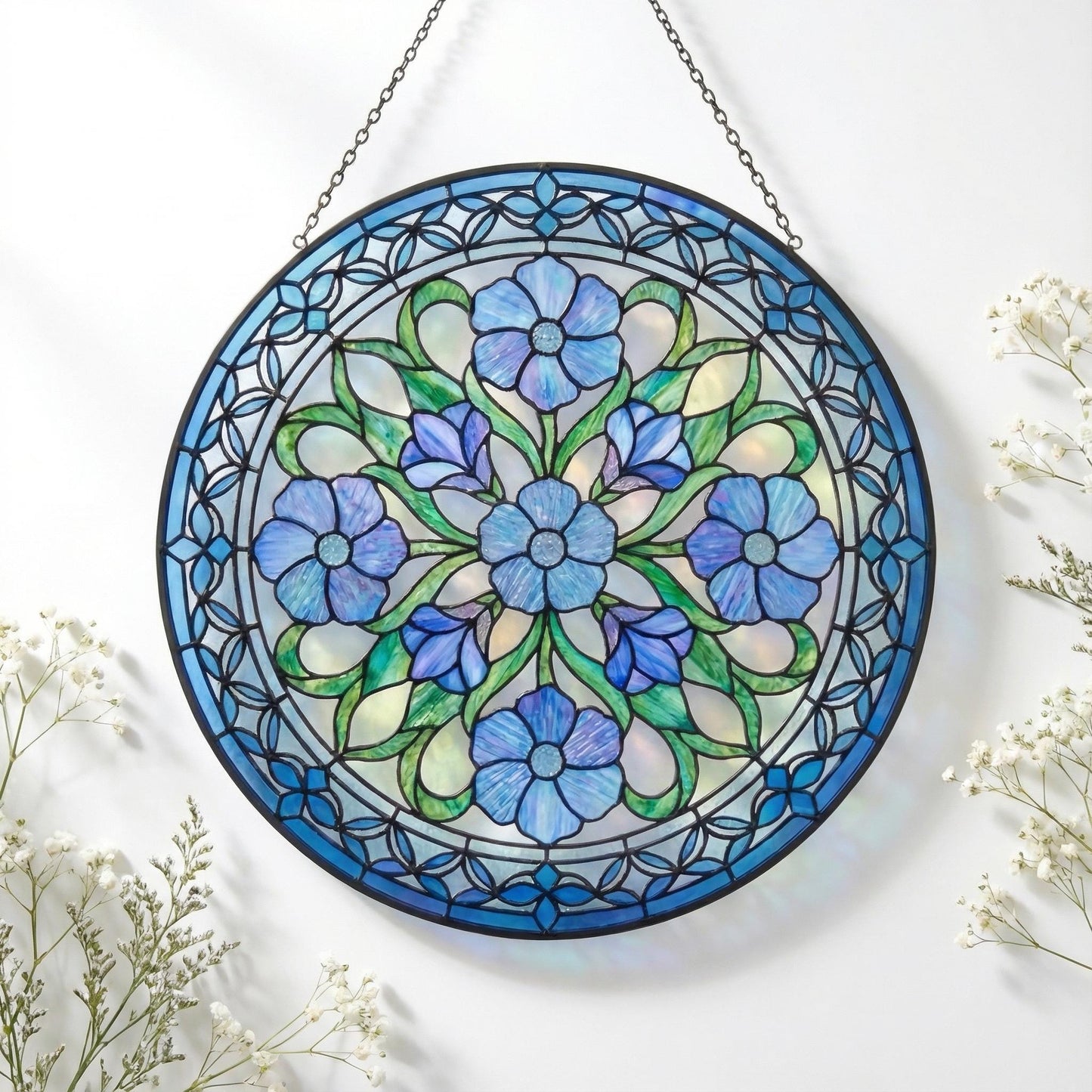 Wildflower Stained Glass Art - Botanical Window Hanging - Blue Flower Suncatcher - Housewarming Gift For Mom