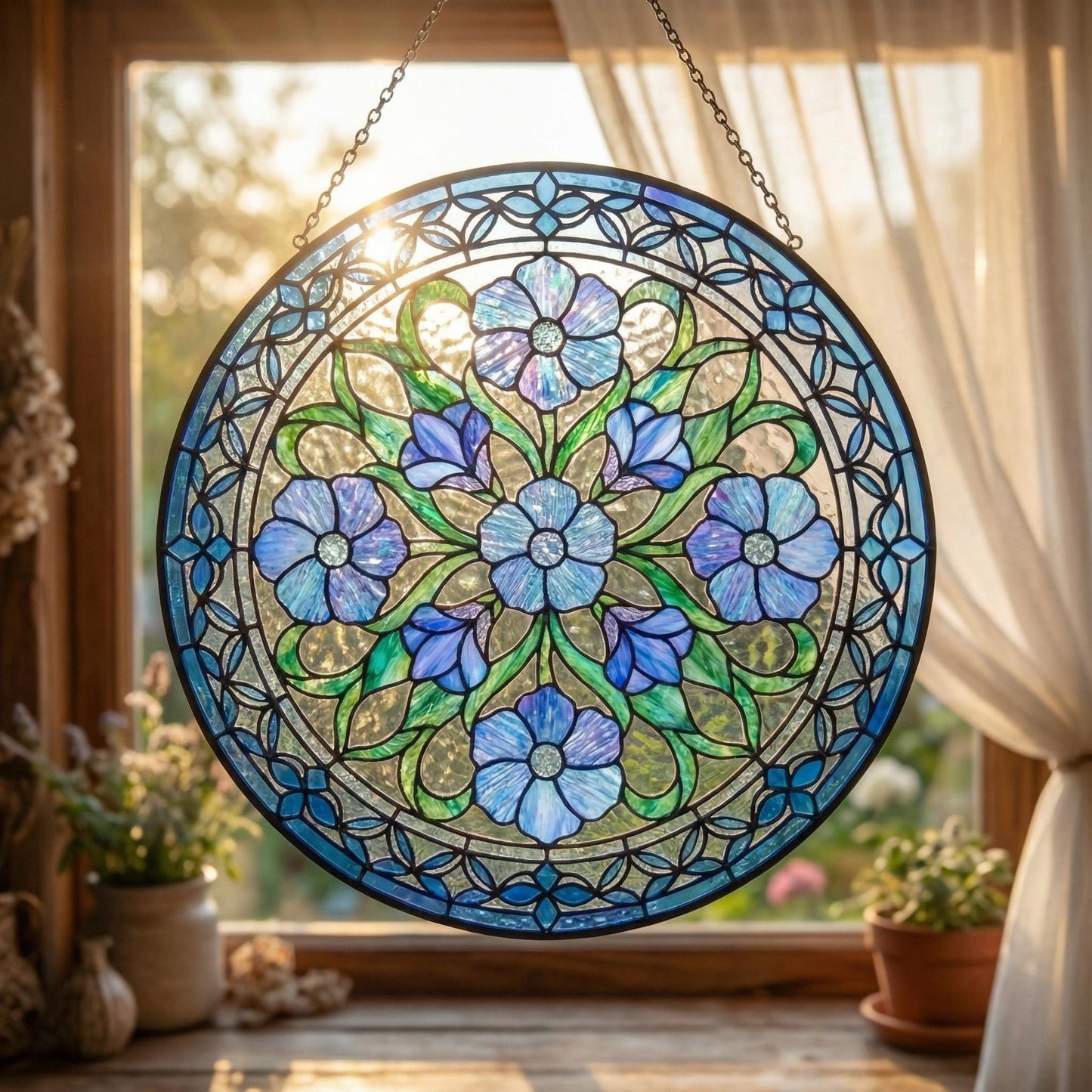 Wildflower Stained Glass Art - Botanical Window Hanging - Blue Flower Suncatcher - Housewarming Gift For Mom