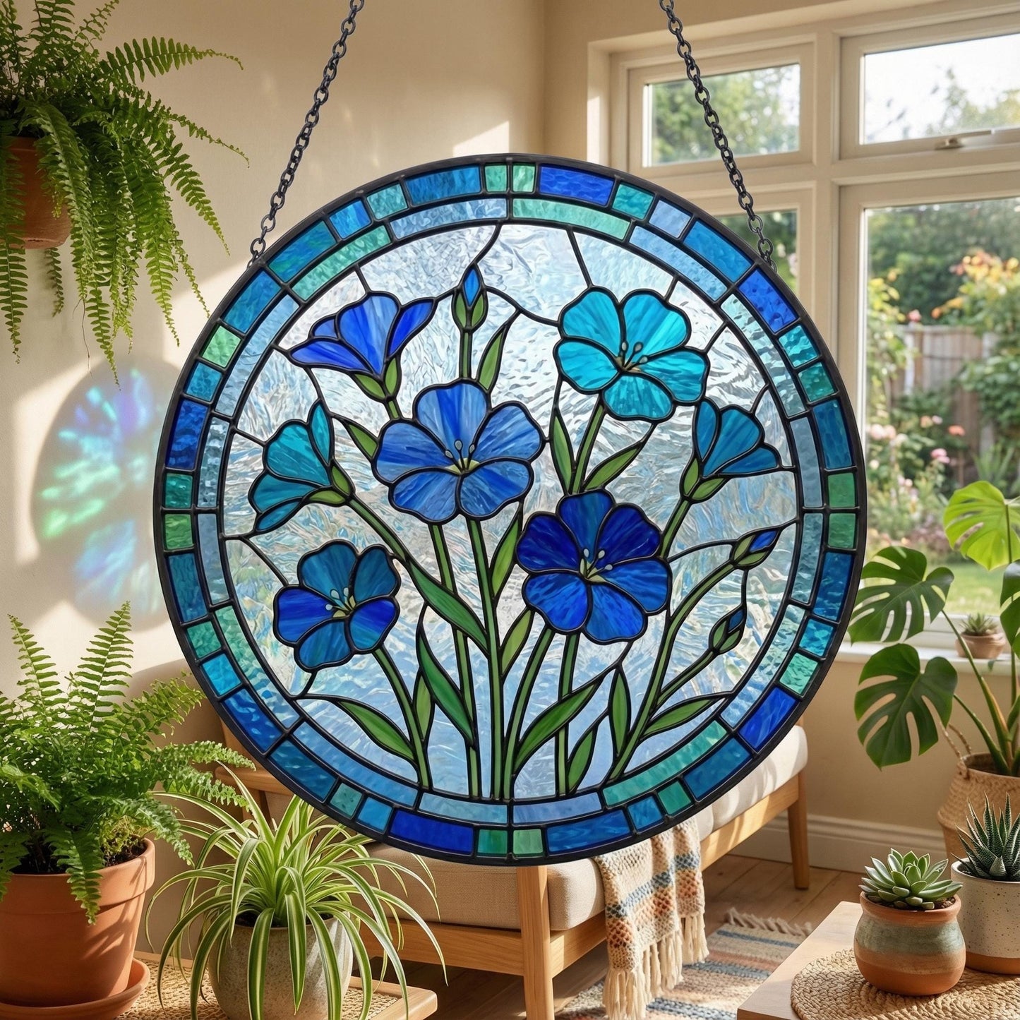 Stained Glass Blue Flower Suncatcher - Blue Botanical Window Decor - Garden Lover Gift For Mom