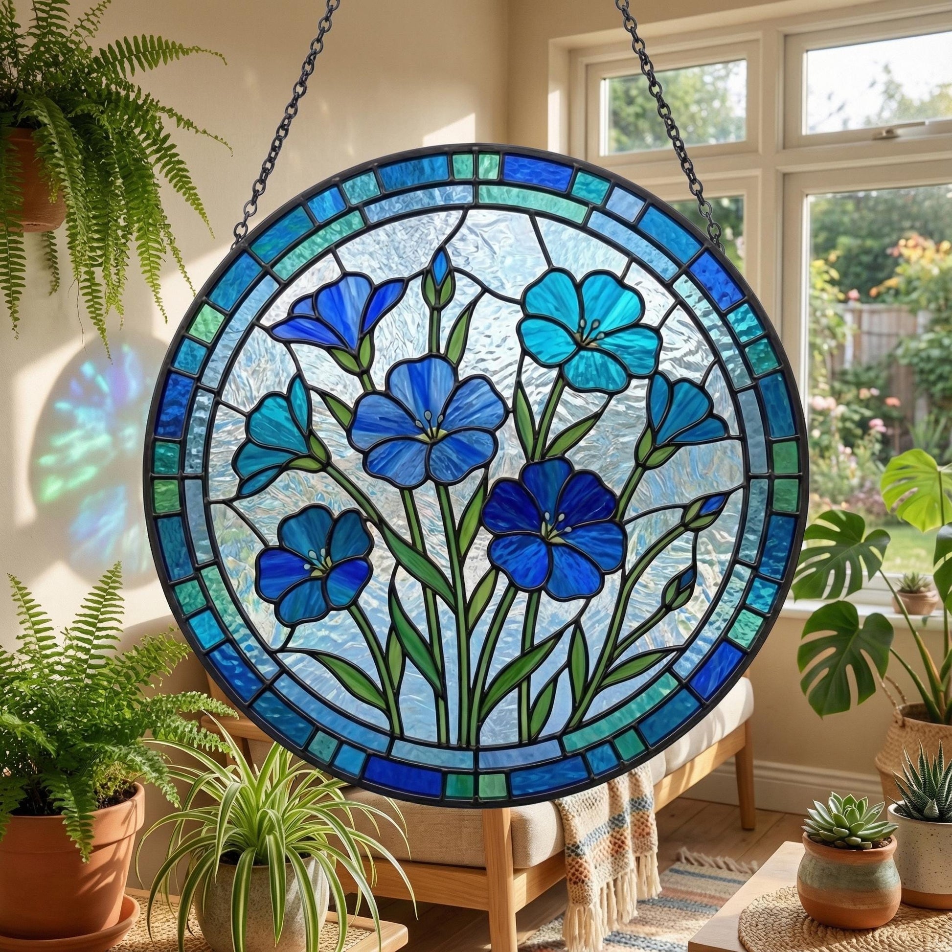 Stained Glass Blue Flower Suncatcher - Blue Botanical Window Decor - Garden Lover Gift For Mom