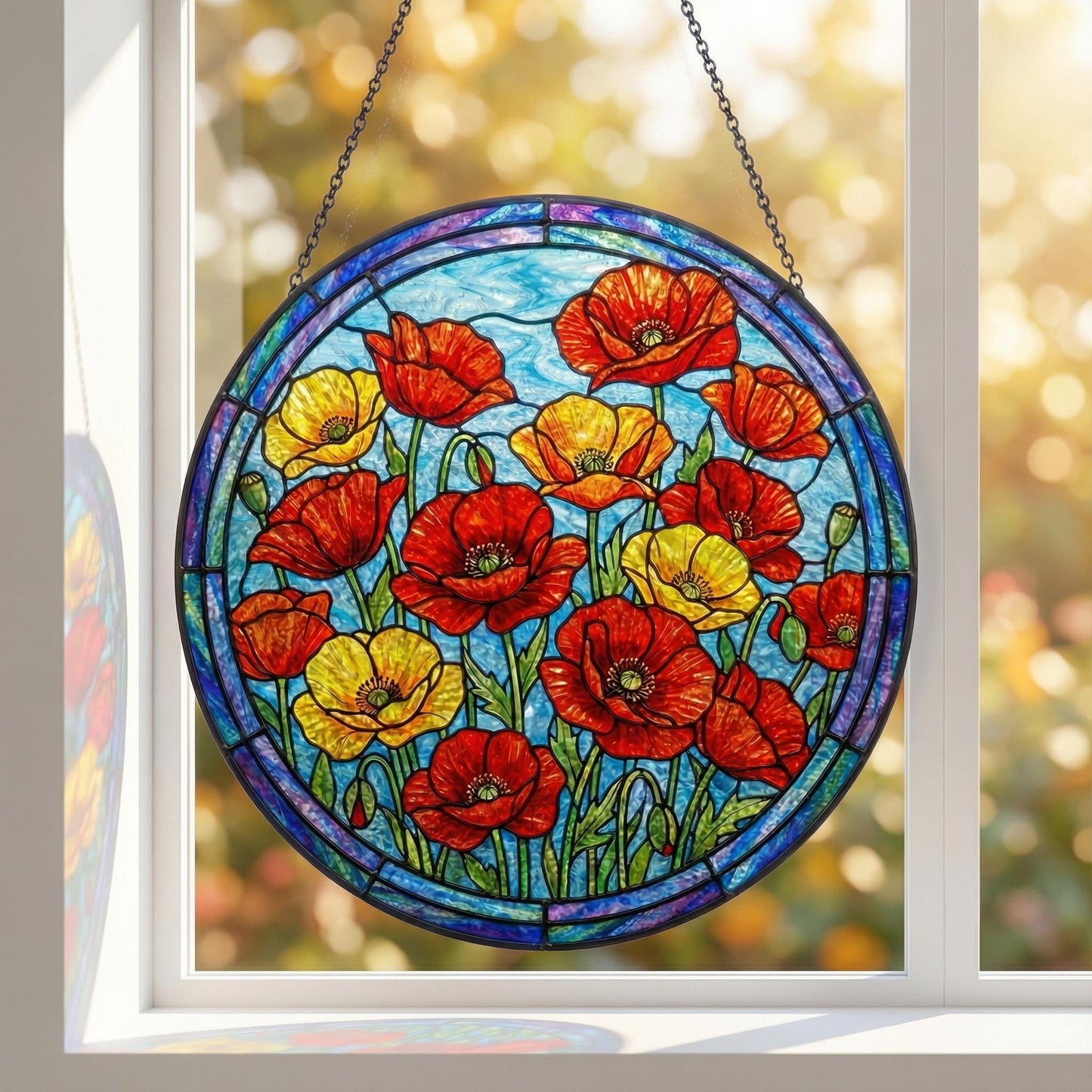 Stained Glass Poppy Suncatcher - Wildflower Window Hanging - Garden Room Decor - Memorial Gift For Women