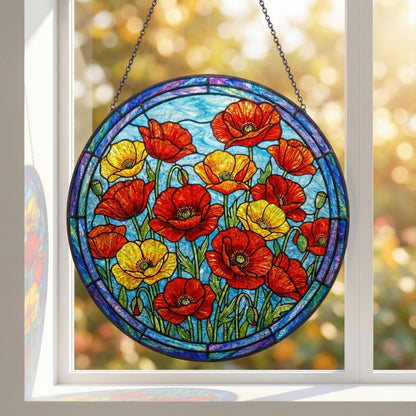 Stained Glass Poppy Suncatcher - Wildflower Window Hanging - Garden Room Decor - Memorial Gift For Women
