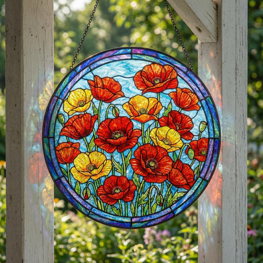Stained Glass Poppy Suncatcher - Wildflower Window Hanging - Garden Room Decor - Memorial Gift For Women