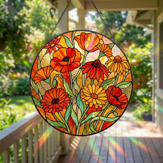 Wildflower Stained Glass Suncatcher - Daisy & Poppy Window Hang - Garden Glass Art - Gift For Mom
