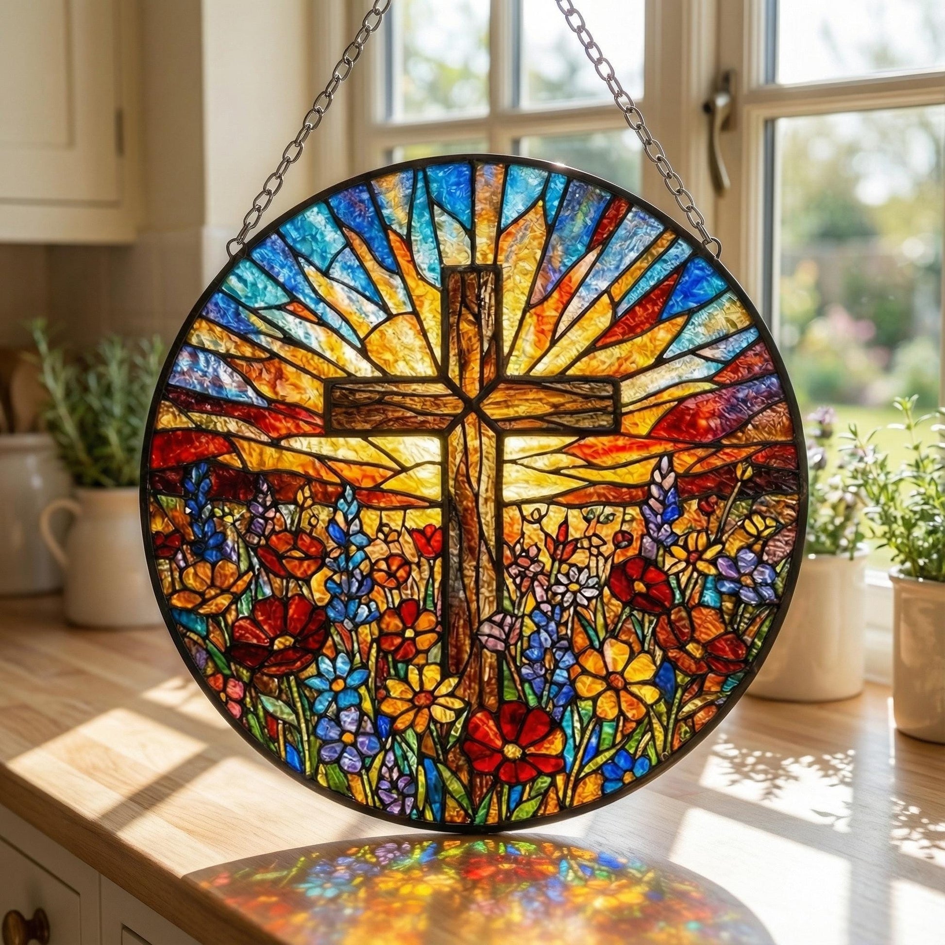Personalized Stained Glass Cross Suncatcher - Christian Window Hanging, Religious Easter Gift, Church Decor