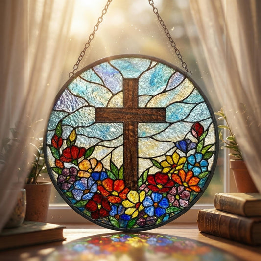 Personalized Religious Cross Suncatcher - Stained Glass Flower Window Hanging, Easter Christian Gift For Grandma