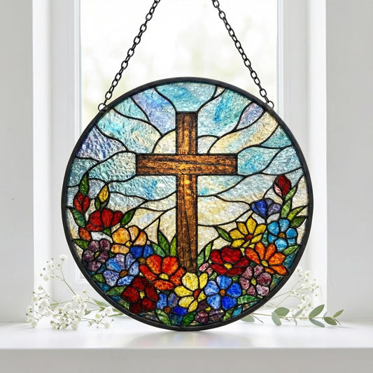 Personalized Religious Cross Suncatcher - Stained Glass Flower Window Hanging, Easter Christian Gift For Grandma