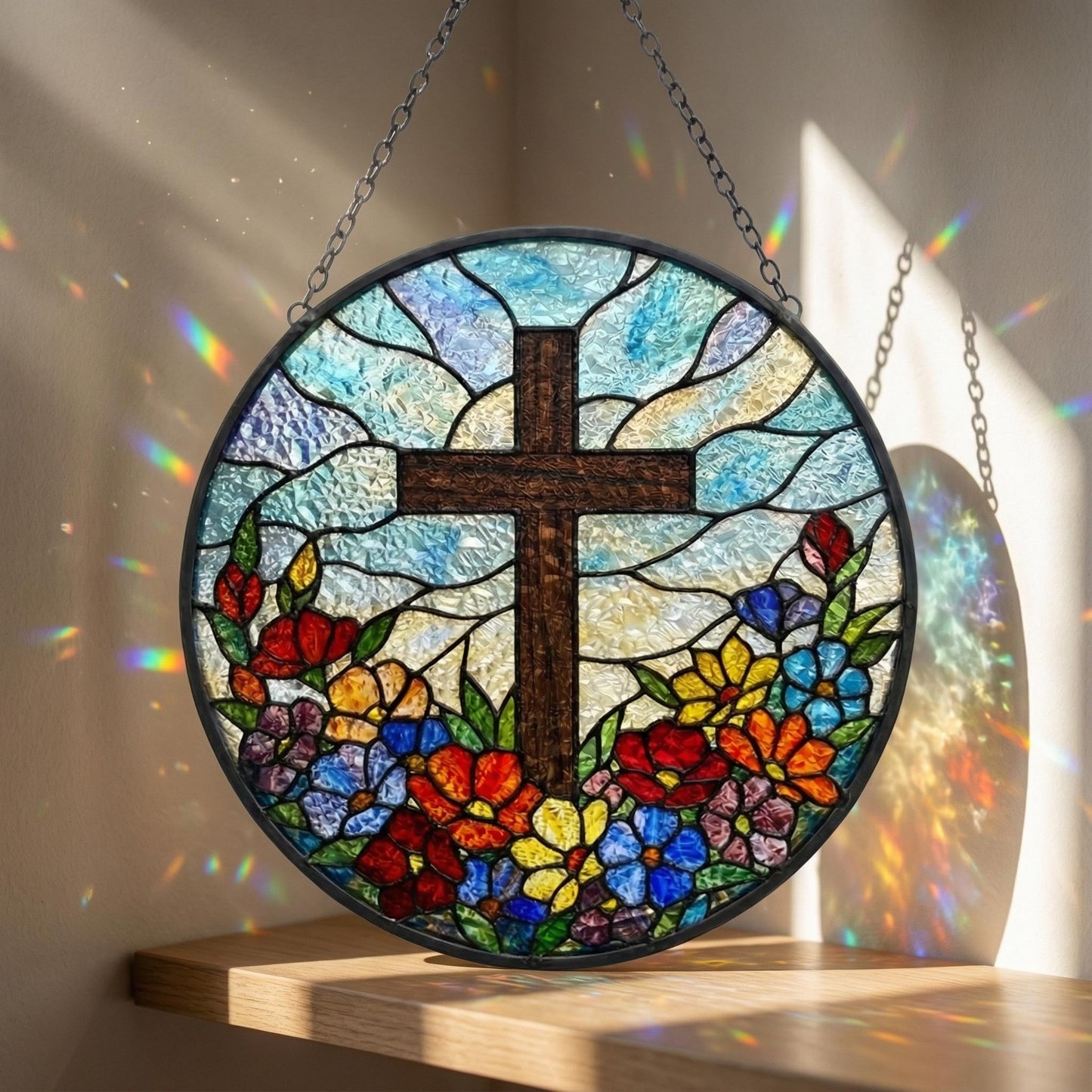 Personalized Religious Cross Suncatcher - Stained Glass Flower Window Hanging, Easter Christian Gift For Grandma