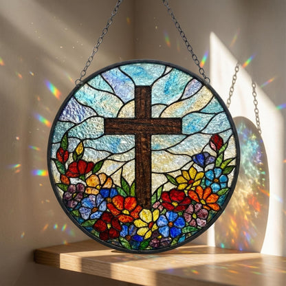 Personalized Religious Cross Suncatcher - Stained Glass Flower Window Hanging, Easter Christian Gift For Grandma
