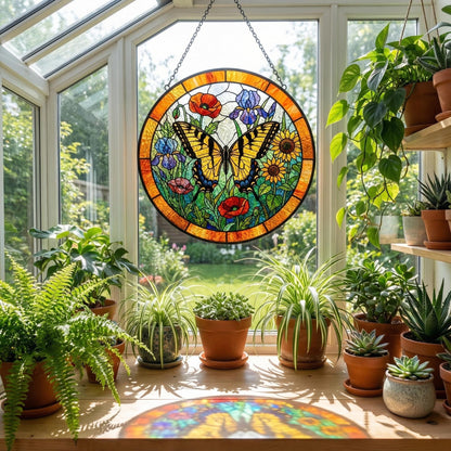 Butterfly Stained Glass Suncatcher – Butterfly Garden Window Hanging – Wildflowers Decor – Spring Gift For Mom