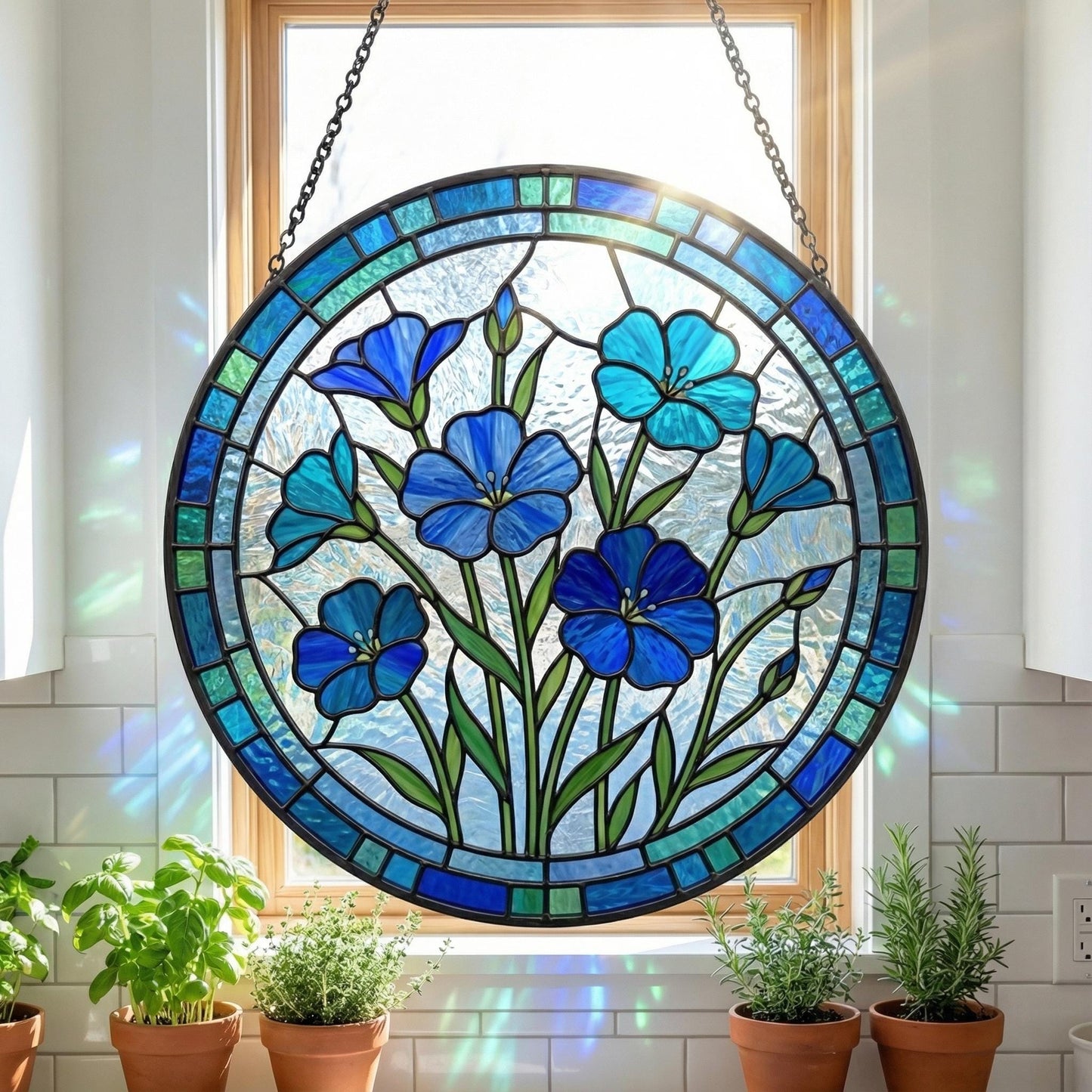 Stained Glass Blue Flower Suncatcher - Blue Botanical Window Decor - Garden Lover Gift For Mom