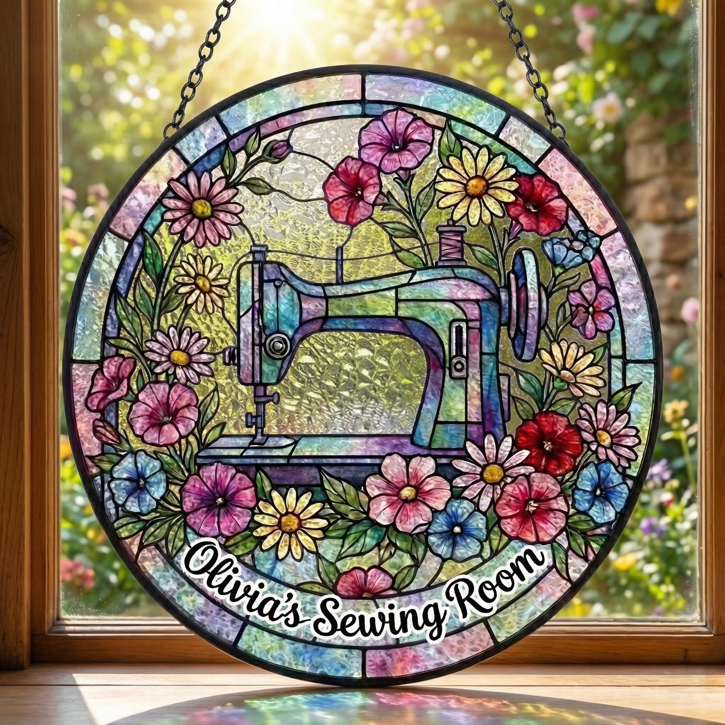 Personalized Sewing Suncatcher – Custom Craft Room Stained Glass Art – Quilter Window Decor Gift For Sewing Lovers
