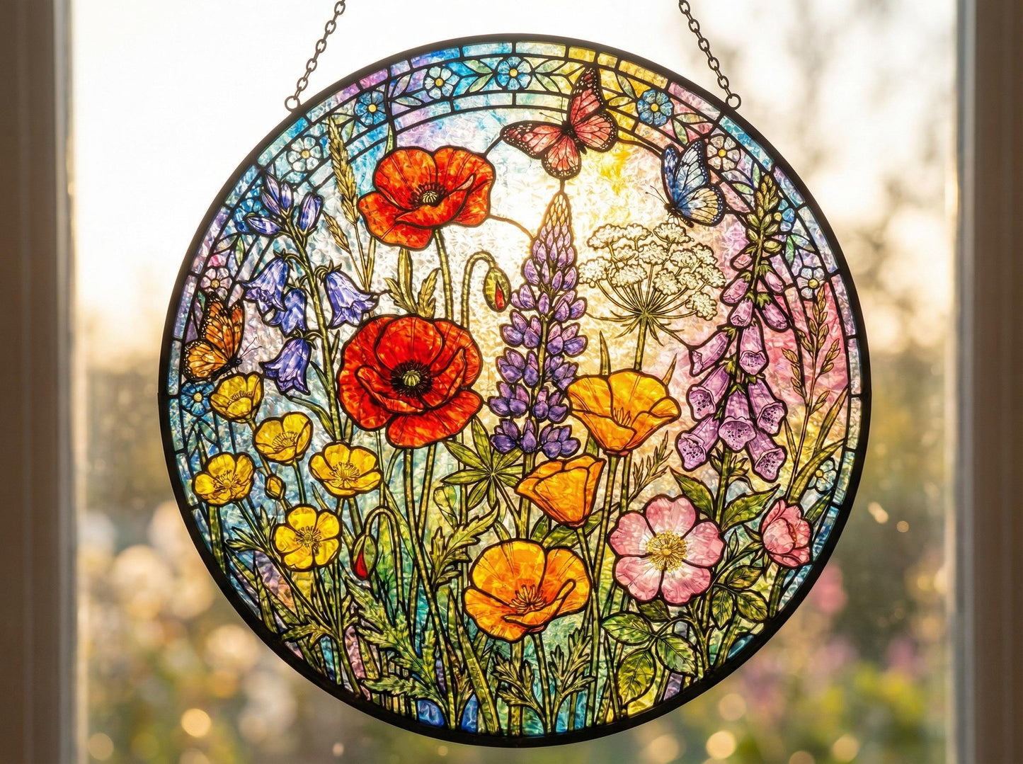 Custom Wildflower Stained Glass Suncatcher – Spring Floral Window Hanging With Butterfly – Personalized Garden Suncatcher Decor