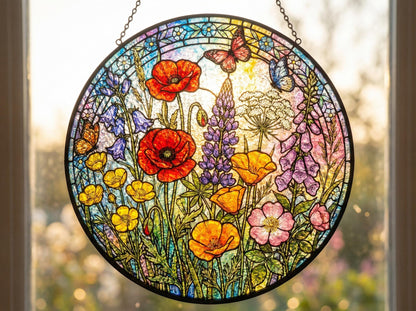 Custom Wildflower Stained Glass Suncatcher – Spring Floral Window Hanging With Butterfly – Personalized Garden Suncatcher Decor
