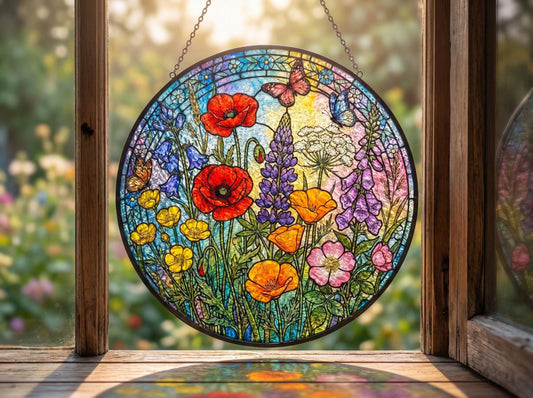 Custom Wildflower Stained Glass Suncatcher – Spring Floral Window Hanging With Butterfly – Personalized Garden Suncatcher Decor