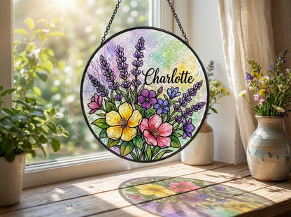 Personalized Name Suncatcher • Custom Flower Stained Glass Window Hanging • Garden Gift For Mom, Grandma