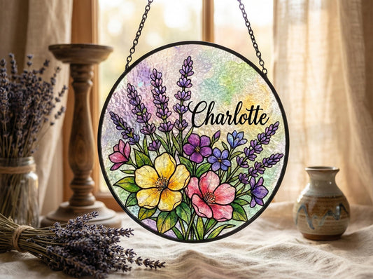 Personalized Name Suncatcher • Custom Flower Stained Glass Window Hanging • Garden Gift For Mom, Grandma
