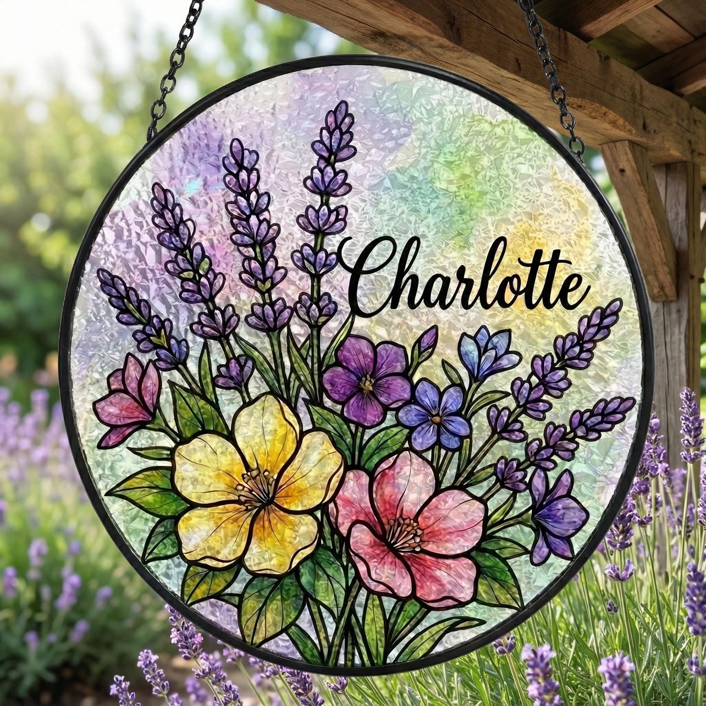Personalized Name Suncatcher • Custom Flower Stained Glass Window Hanging • Garden Gift For Mom, Grandma
