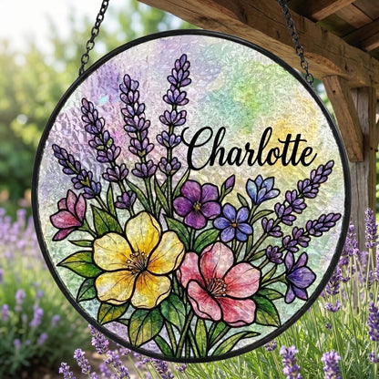 Personalized Name Suncatcher • Custom Flower Stained Glass Window Hanging • Garden Gift For Mom, Grandma