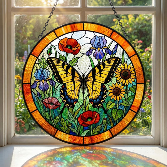 Butterfly Stained Glass Suncatcher – Butterfly Garden Window Hanging – Wildflowers Decor – Spring Gift For Mom