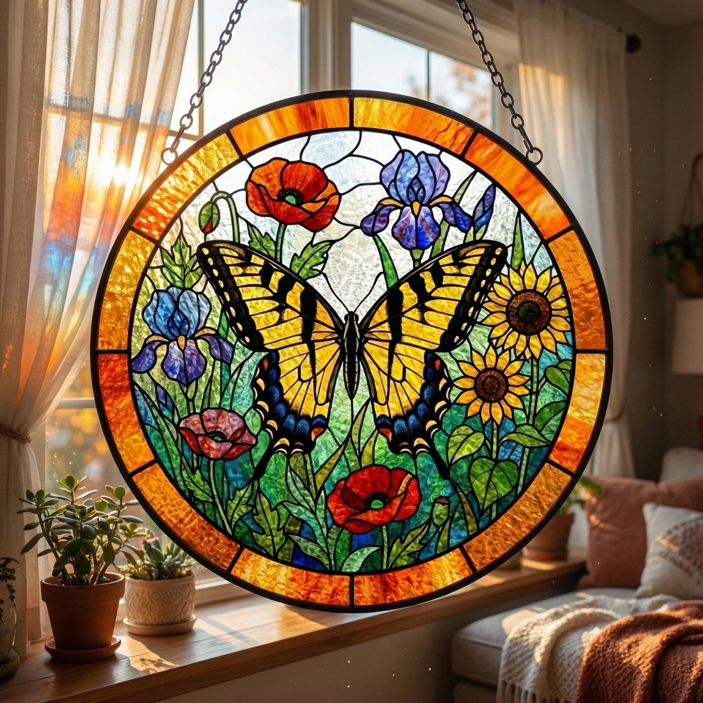 Butterfly Stained Glass Suncatcher – Butterfly Garden Window Hanging – Wildflowers Decor – Spring Gift For Mom