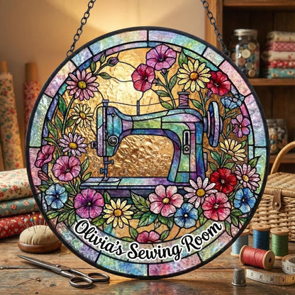 Personalized Sewing Suncatcher – Custom Craft Room Stained Glass Art – Quilter Window Decor Gift For Sewing Lovers