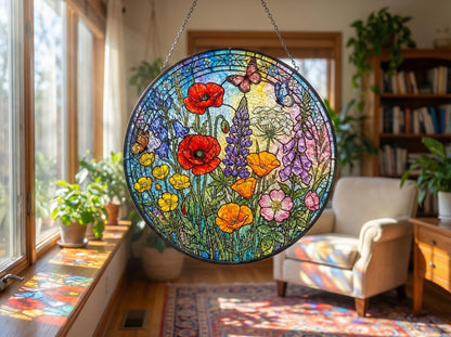 Custom Wildflower Stained Glass Suncatcher – Spring Floral Window Hanging With Butterfly – Personalized Garden Suncatcher Decor