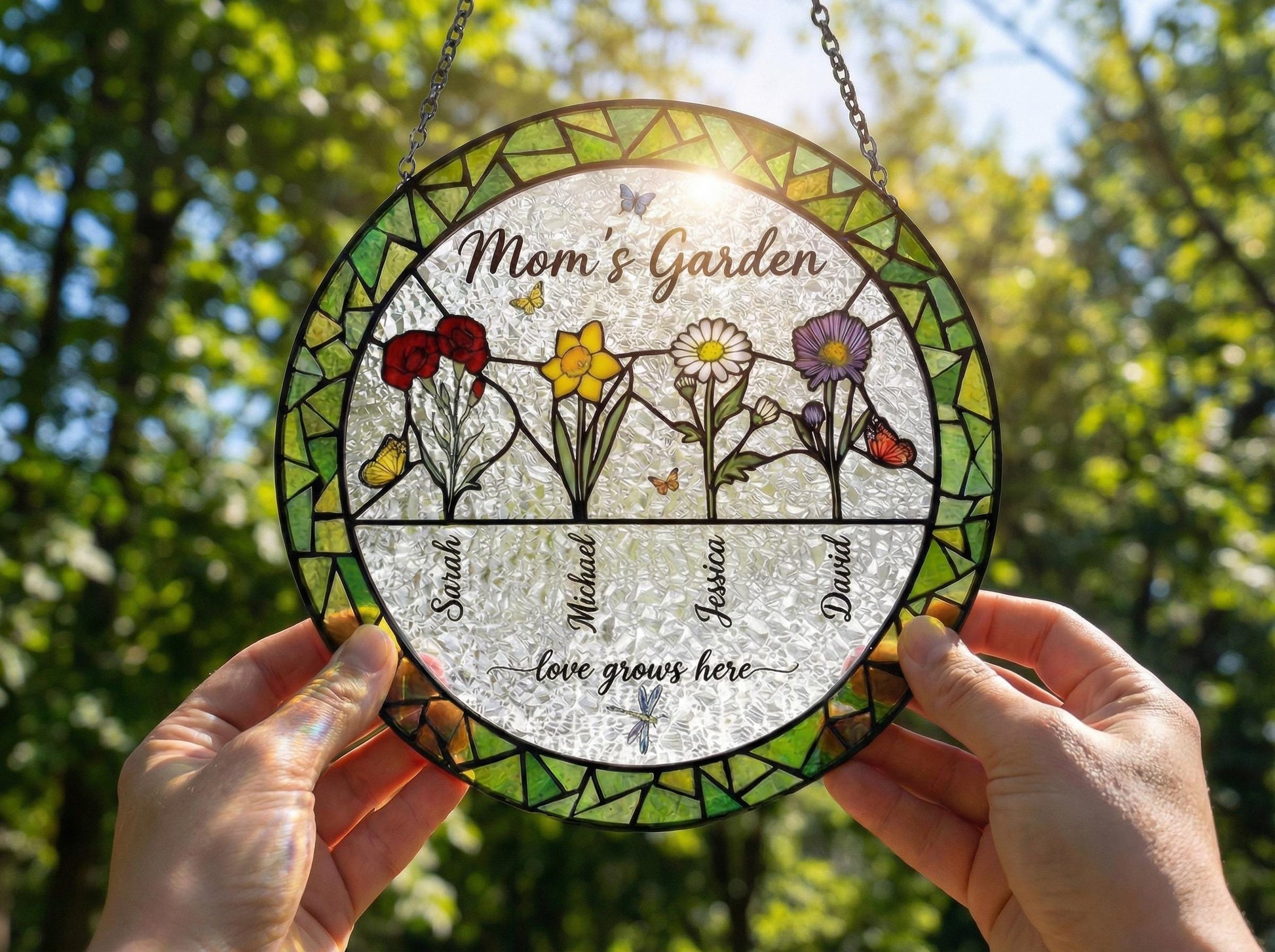 Personalized Birth Flower Suncatcher – Custom Mom's Garden Stained Glass Art – Birthday Gift For Her