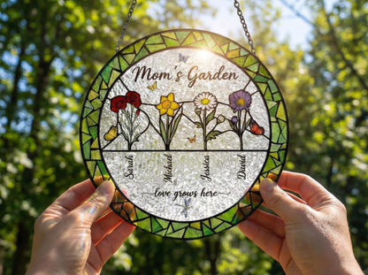 Personalized Birth Flower Suncatcher – Custom Mom's Garden Stained Glass Art – Birthday Gift For Her