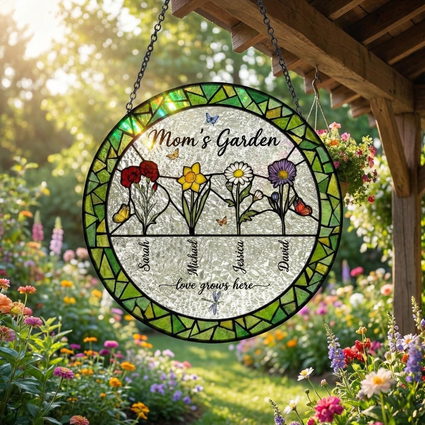 Personalized Birth Flower Suncatcher – Custom Mom's Garden Stained Glass Art – Birthday Gift For Her
