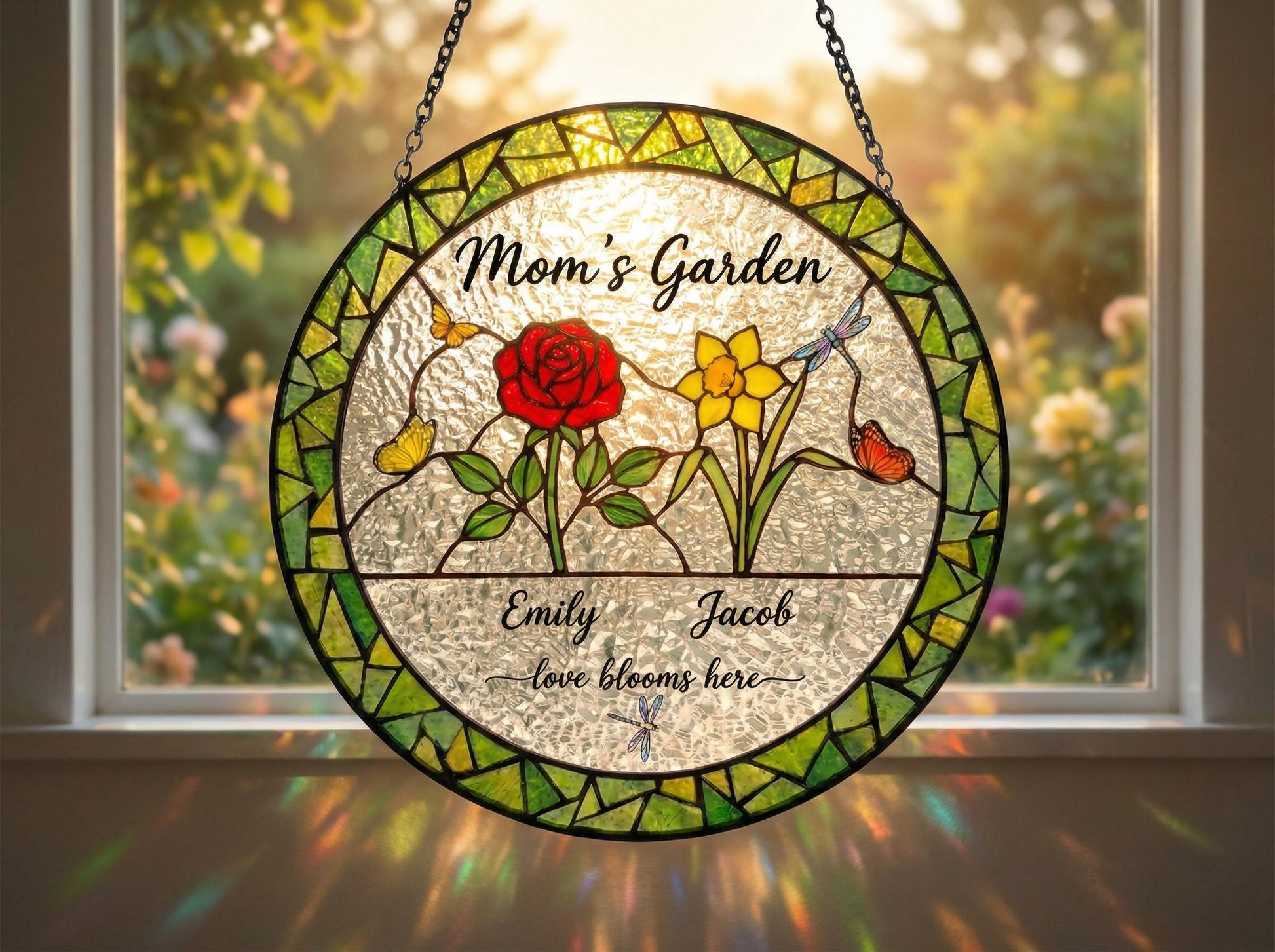 Personalized Mom’s Garden Suncatcher – Birth Flower Stained Glass – Custom Family Name Gift