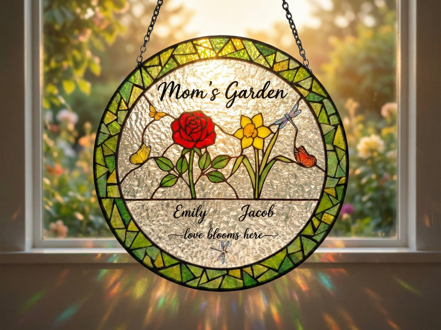 Personalized Mom’s Garden Suncatcher – Birth Flower Stained Glass – Custom Family Name Gift