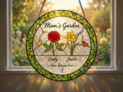 Personalized Mom’s Garden Suncatcher – Birth Flower Stained Glass – Custom Family Name Gift