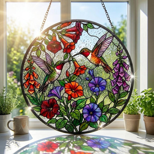 Couple Hummingbird Stained Glass Suncatcher – Bird Glass Art, Gift For Mom Or Grandma