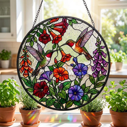 Couple Hummingbird Stained Glass Suncatcher – Bird Glass Art, Gift For Mom Or Grandma