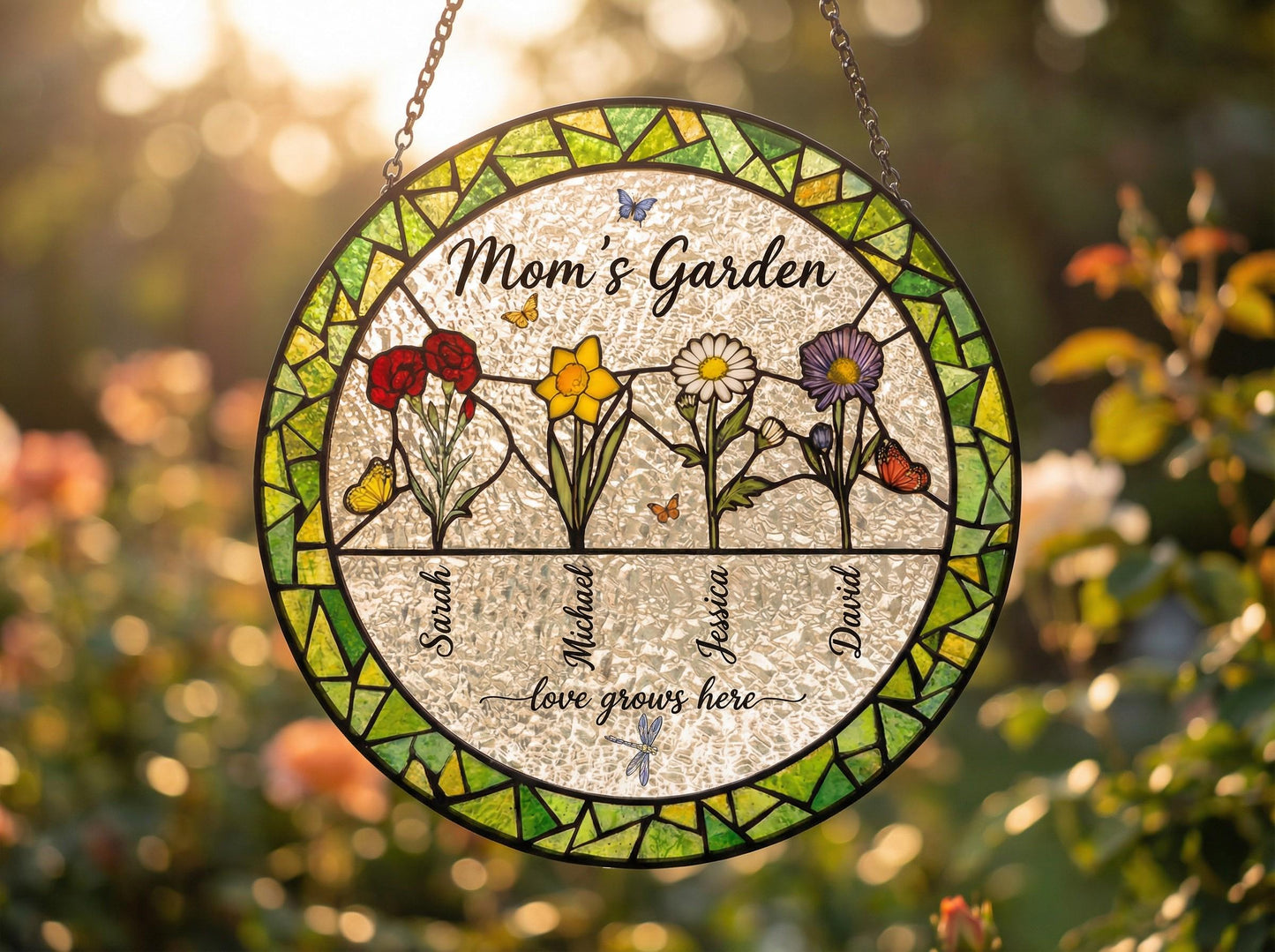 Personalized Birth Flower Suncatcher – Custom Mom's Garden Stained Glass Art – Birthday Gift For Her